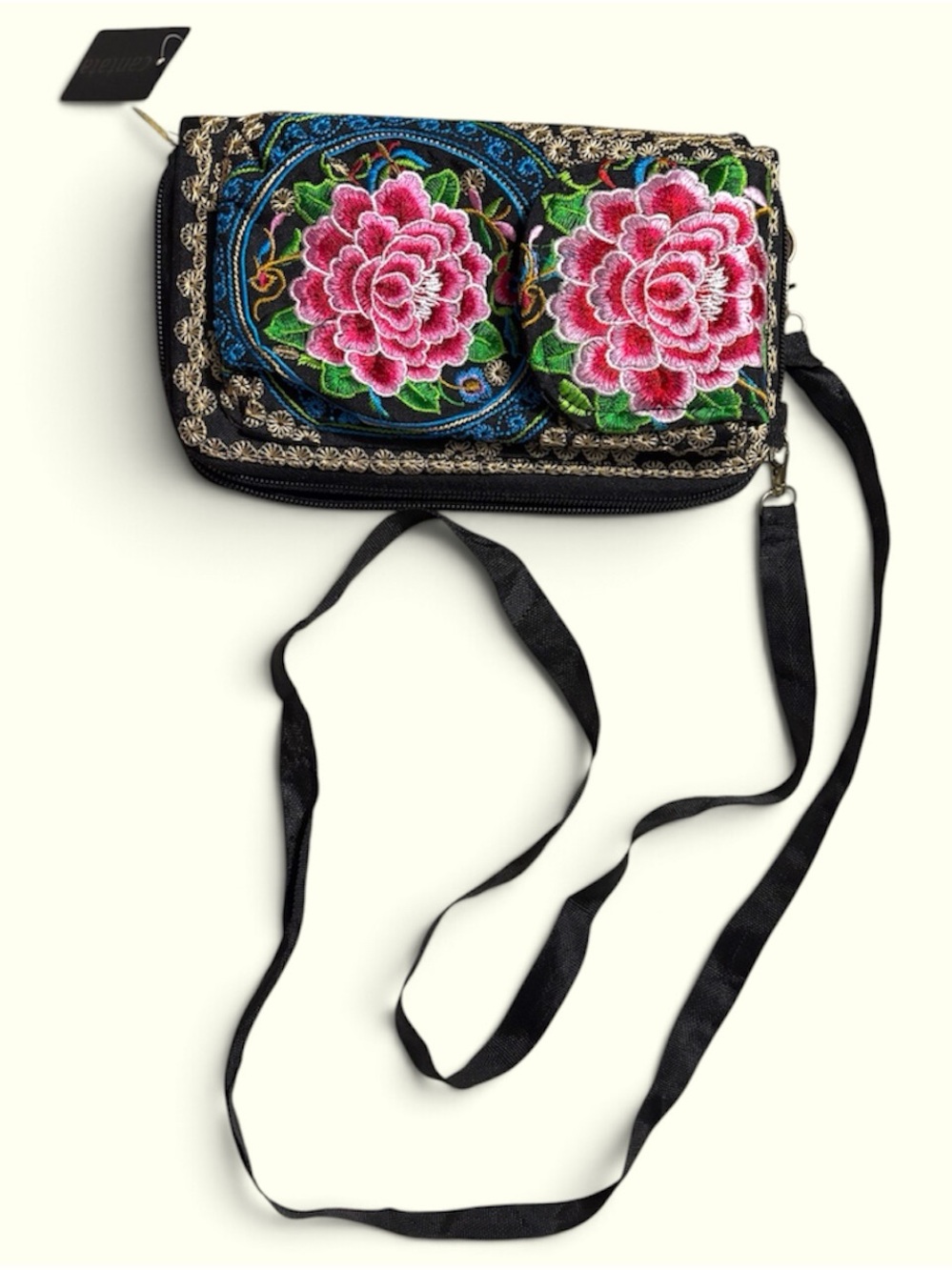 New Embroidered Floral Crossbody Bag - Black with Pink Flowers